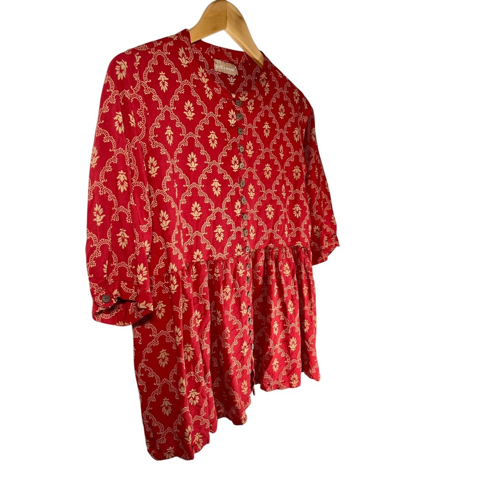 Shae by Sassafras Large Boho Peplum Blouse Red Gold Block Print Rayon Button Top - Picture 4 of 10
